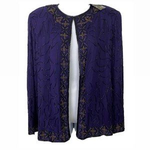JMD New York Purple Beaded Lined Evening Jacket Size Large 100% Silk NWT